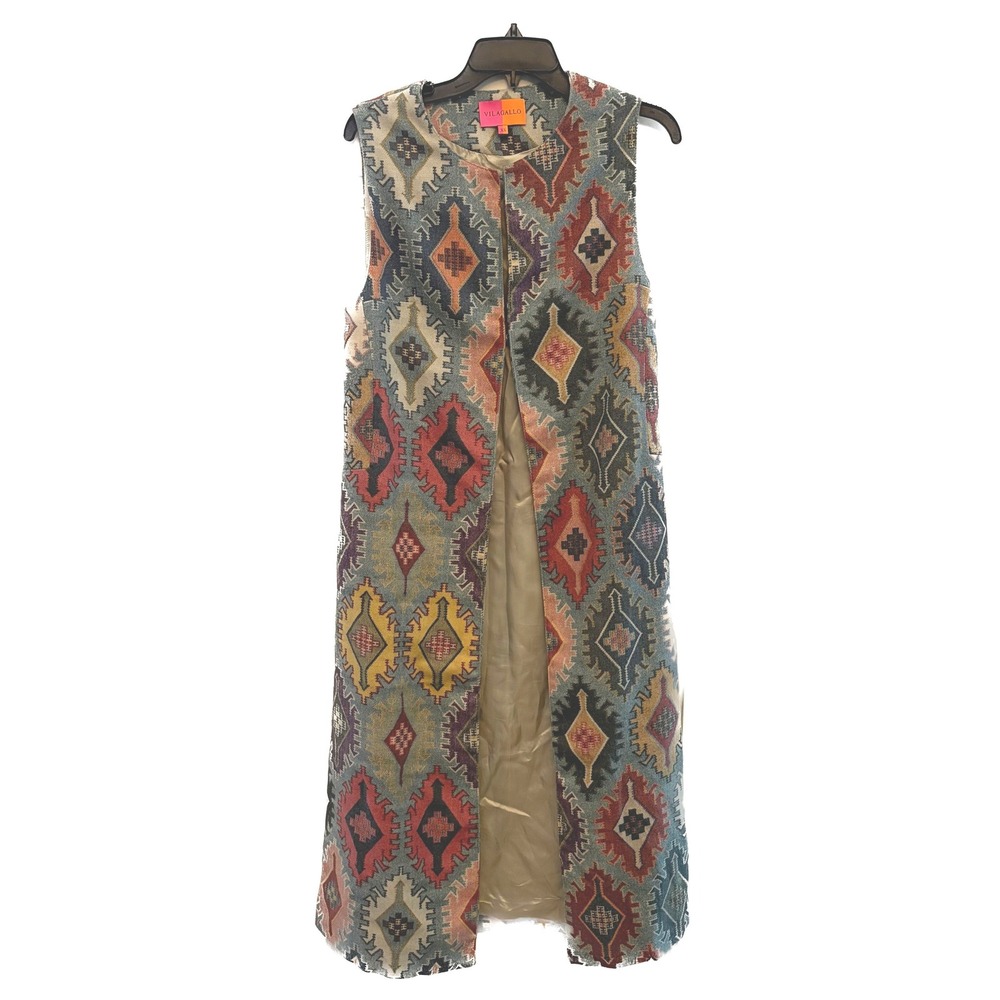 Vilagallo Long Duster Vest Women XS Blue Geometric Boho Kilim Layering